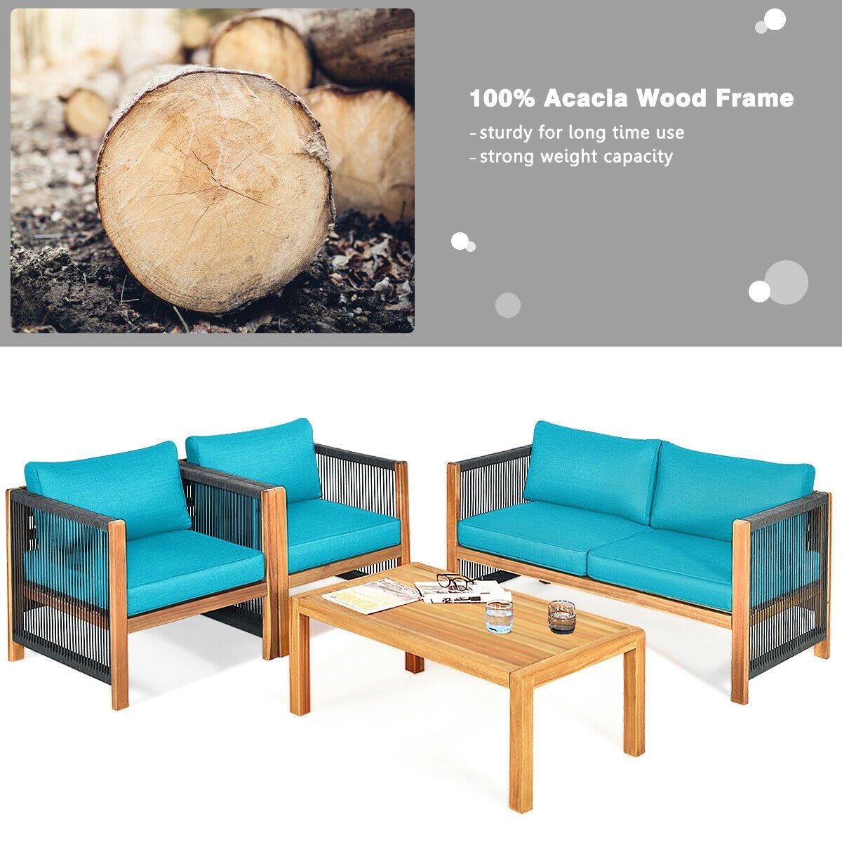 4 Pcs Acacia Wood Outdoor Patio Furniture Set with Cushions, Turquoise Patio Conversation Sets   at Gallery Canada