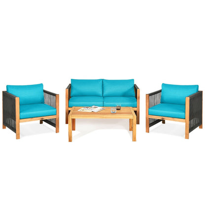 4 Pcs Acacia Wood Outdoor Patio Furniture Set with Cushions, Turquoise Patio Conversation Sets   at Gallery Canada