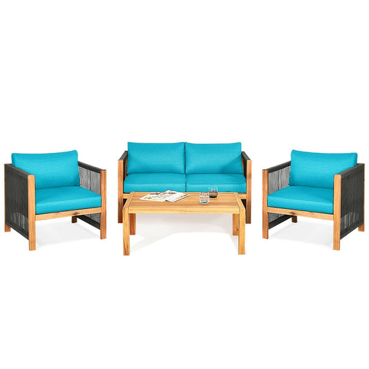 4 Pcs Acacia Wood Outdoor Patio Furniture Set with Cushions, Turquoise Patio Conversation Sets   at Gallery Canada