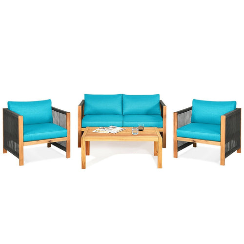 4 Pcs Acacia Wood Outdoor Patio Furniture Set with Cushions, Turquoise