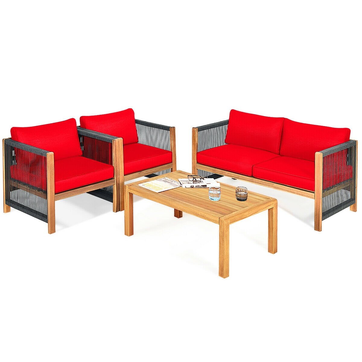 4 Pcs Acacia Wood Outdoor Patio Furniture Set with Cushions, Red Patio Conversation Sets   at Gallery Canada