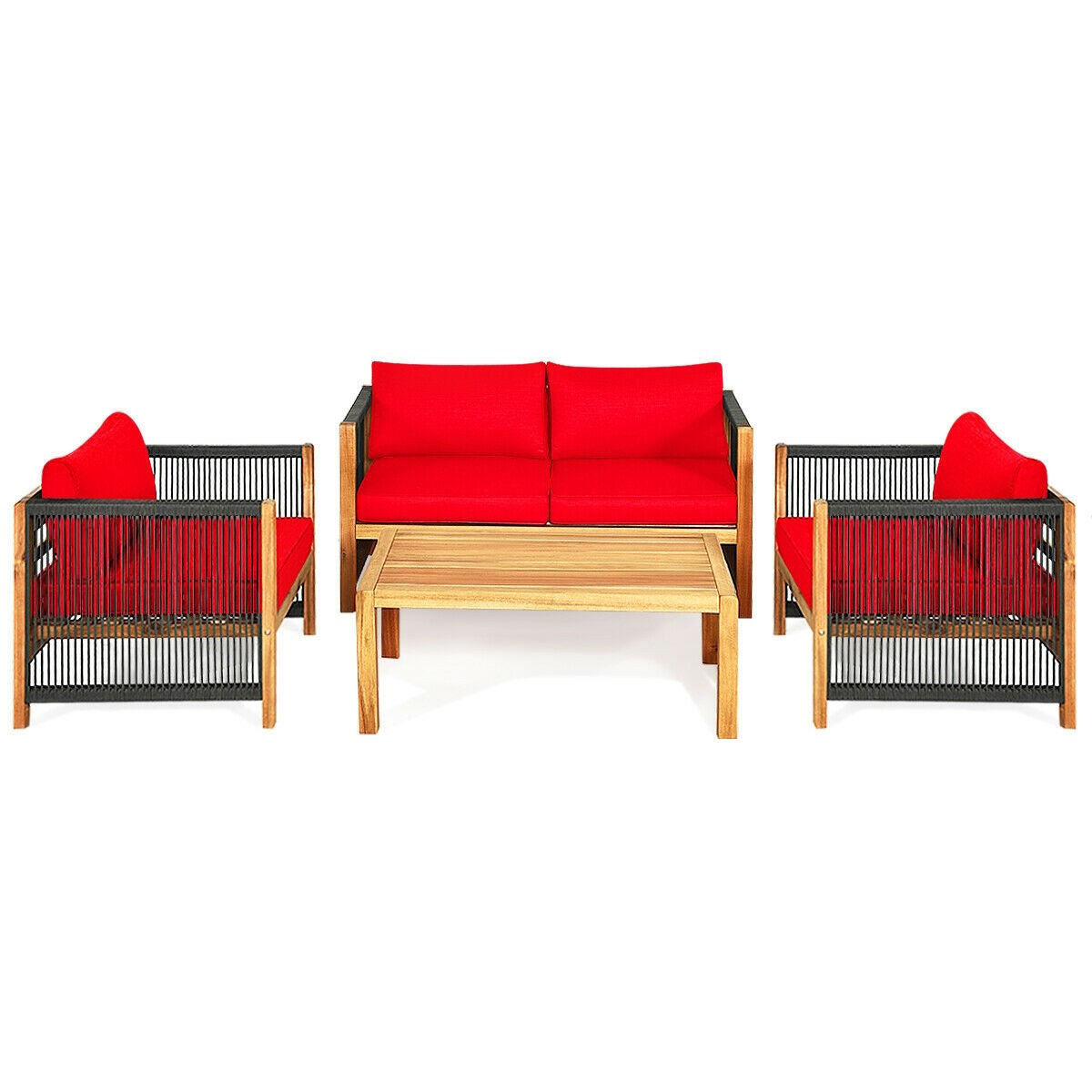 4 Pcs Acacia Wood Outdoor Patio Furniture Set with Cushions, Red Patio Conversation Sets   at Gallery Canada