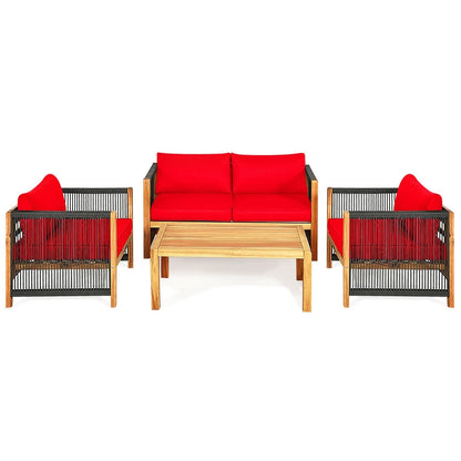 4 Pcs Acacia Wood Outdoor Patio Furniture Set with Cushions, Red Patio Conversation Sets   at Gallery Canada