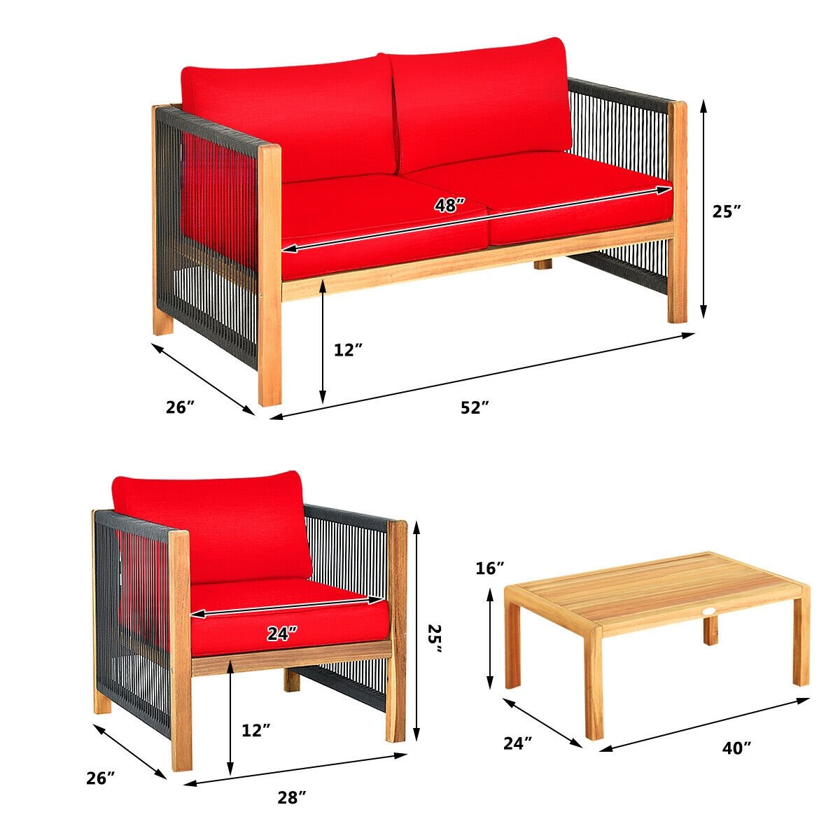 4 Pcs Acacia Wood Outdoor Patio Furniture Set with Cushions, Red Patio Conversation Sets   at Gallery Canada