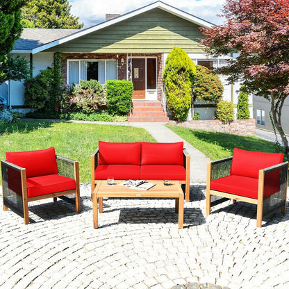 4 Pcs Acacia Wood Outdoor Patio Furniture Set with Cushions, Red Patio Conversation Sets   at Gallery Canada