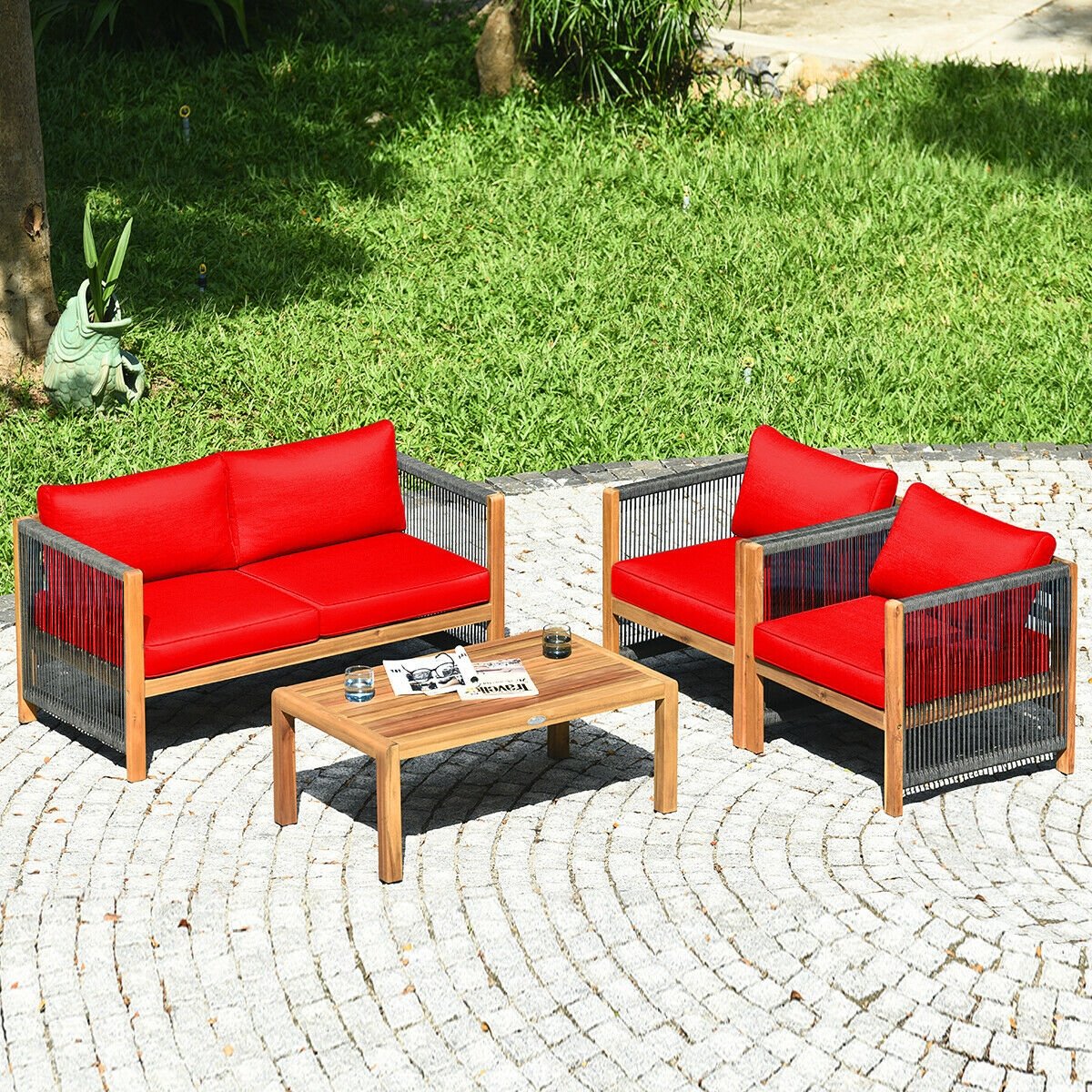 4 Pcs Acacia Wood Outdoor Patio Furniture Set with Cushions, Red Patio Conversation Sets   at Gallery Canada