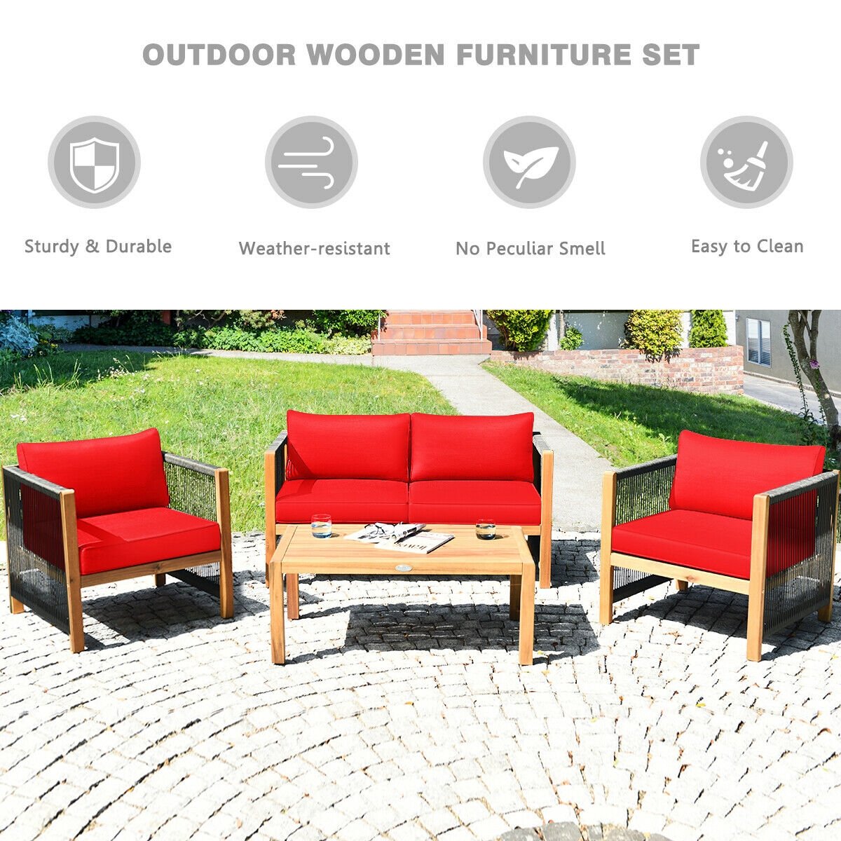 4 Pcs Acacia Wood Outdoor Patio Furniture Set with Cushions, Red Patio Conversation Sets   at Gallery Canada