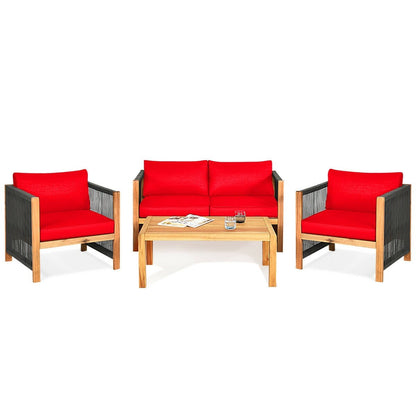 4 Pcs Acacia Wood Outdoor Patio Furniture Set with Cushions, Red Patio Conversation Sets   at Gallery Canada