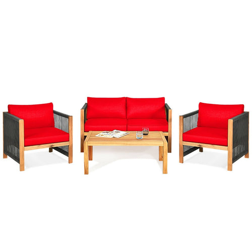 4 Pcs Acacia Wood Outdoor Patio Furniture Set with Cushions, Red