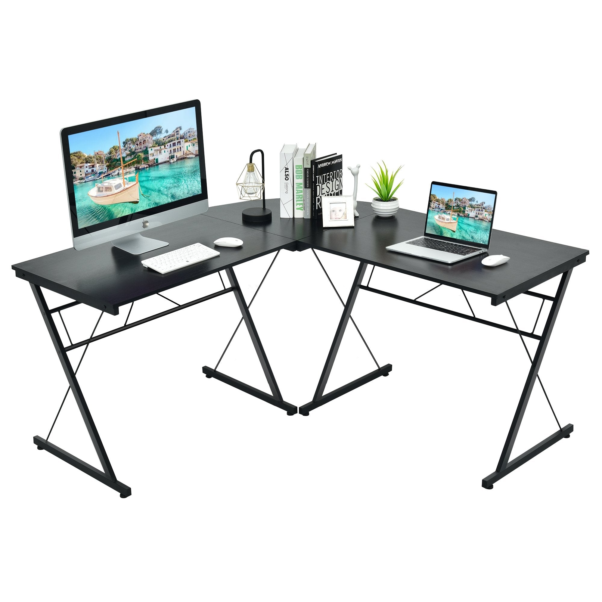 59 Inch L-Shaped Corner Desk Computer Table for Home Office Study Workstation, Black L-Shaped Desks   at Gallery Canada