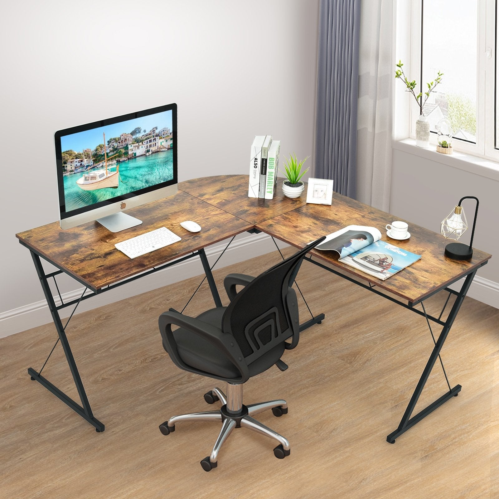 59 Inch L-Shaped Corner Desk Computer Table for Home Office Study Workstation, Brown - Gallery Canada