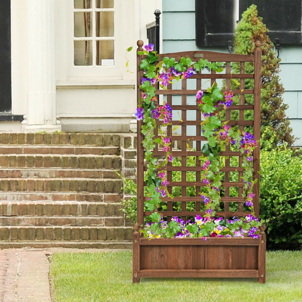 Solid Free Standing Wood Planter Box with Trellis for Garden, Brown Raised Garden Beds   at Gallery Canada