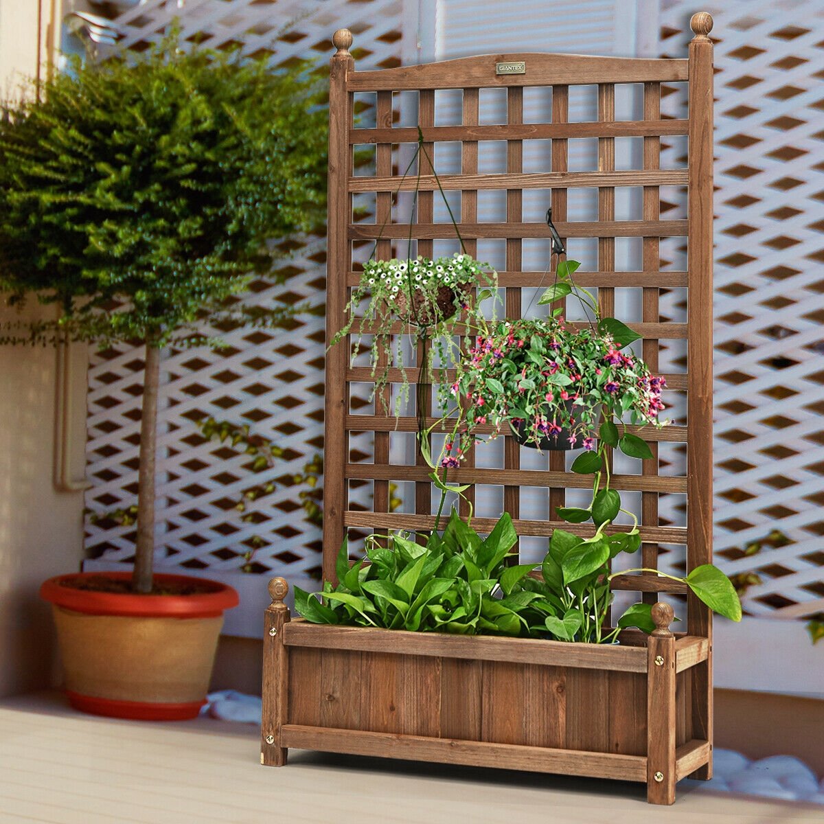 Solid Free Standing Wood Planter Box with Trellis for Garden, Brown Raised Garden Beds   at Gallery Canada
