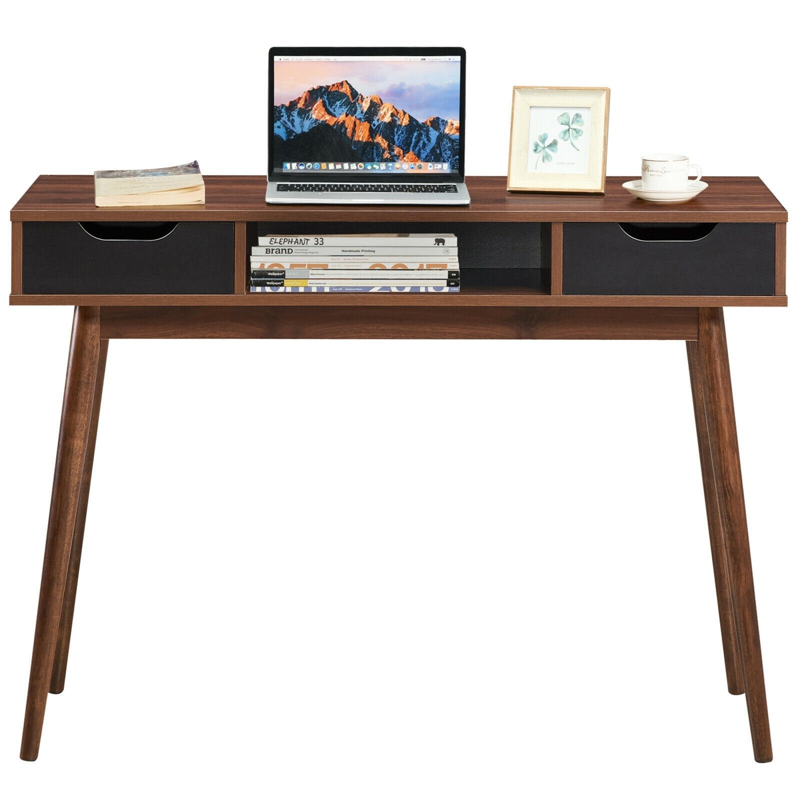 Stylish Computer Desk Workstation with 2 Drawers and Solid Wood Legs, Walnut Writing Desks   at Gallery Canada