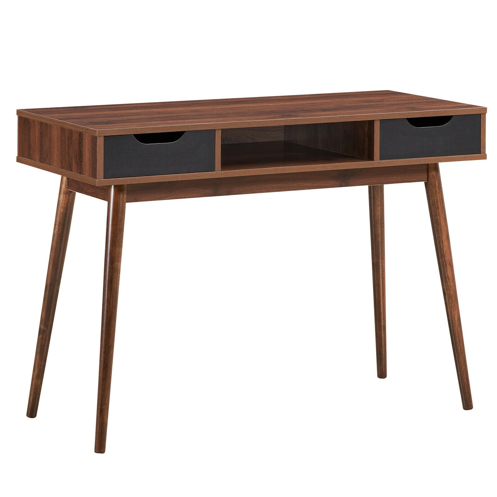 Stylish Computer Desk Workstation with 2 Drawers and Solid Wood Legs, Walnut Writing Desks   at Gallery Canada