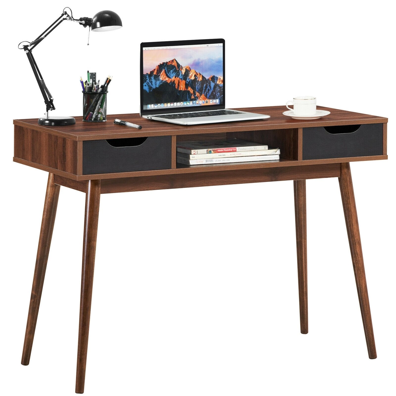 Stylish Computer Desk Workstation with 2 Drawers and Solid Wood Legs, Walnut Writing Desks   at Gallery Canada