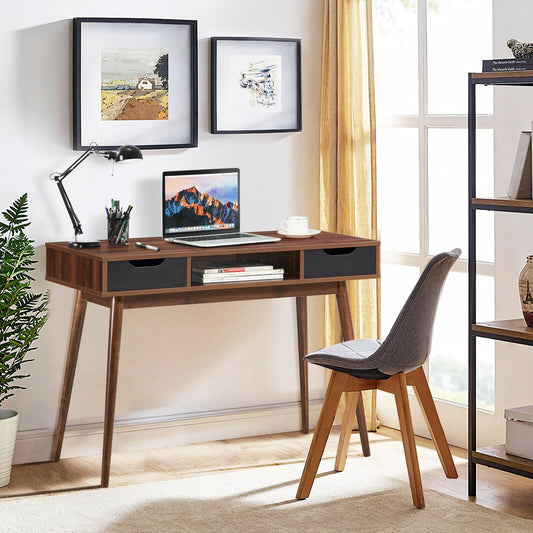 Stylish Computer Desk Workstation with 2 Drawers and Solid Wood Legs, Walnut Writing Desks   at Gallery Canada