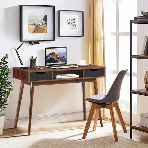 Stylish Computer Desk Workstation with 2 Drawers and Solid Wood Legs, Walnut