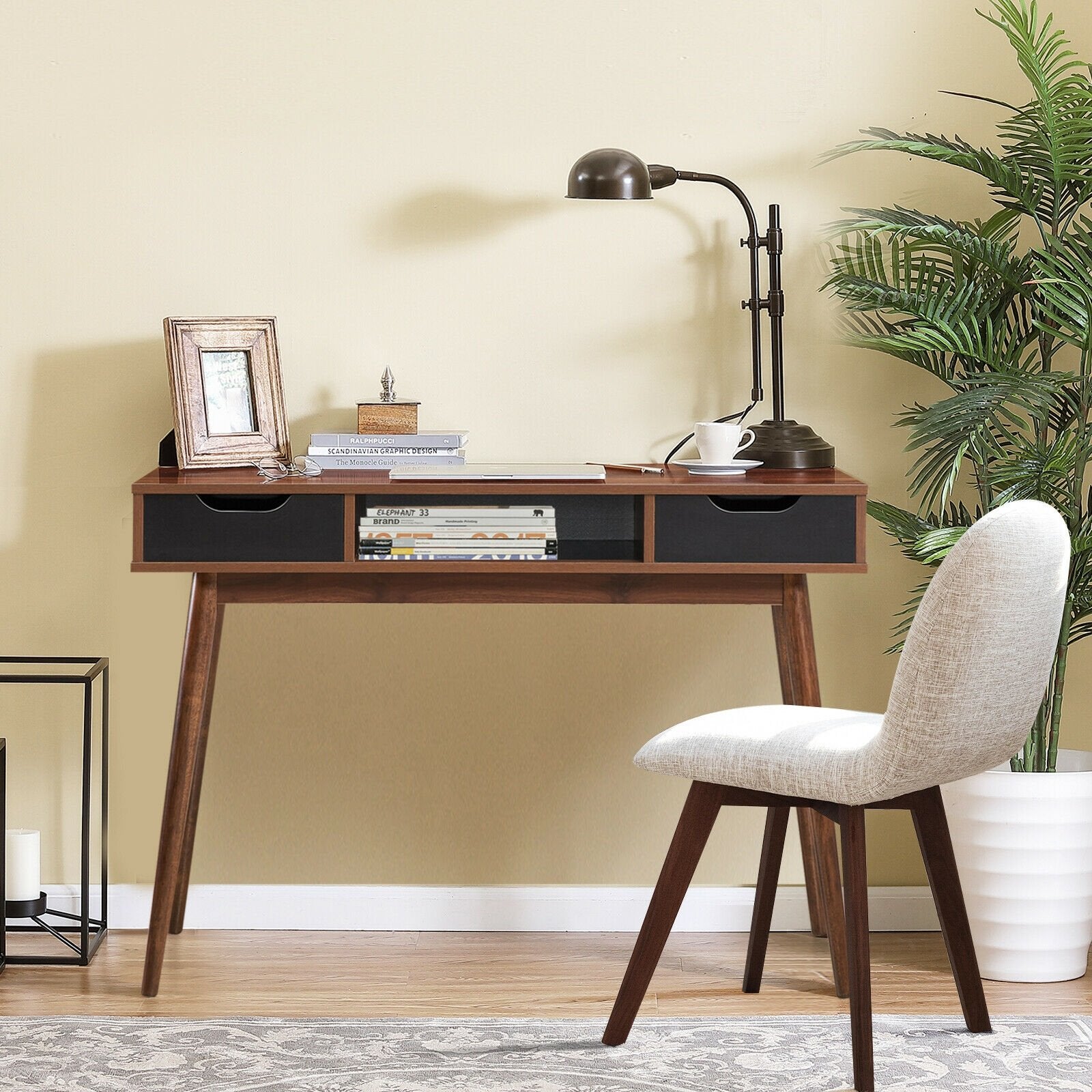 Stylish Computer Desk Workstation with 2 Drawers and Solid Wood Legs, Walnut Writing Desks   at Gallery Canada