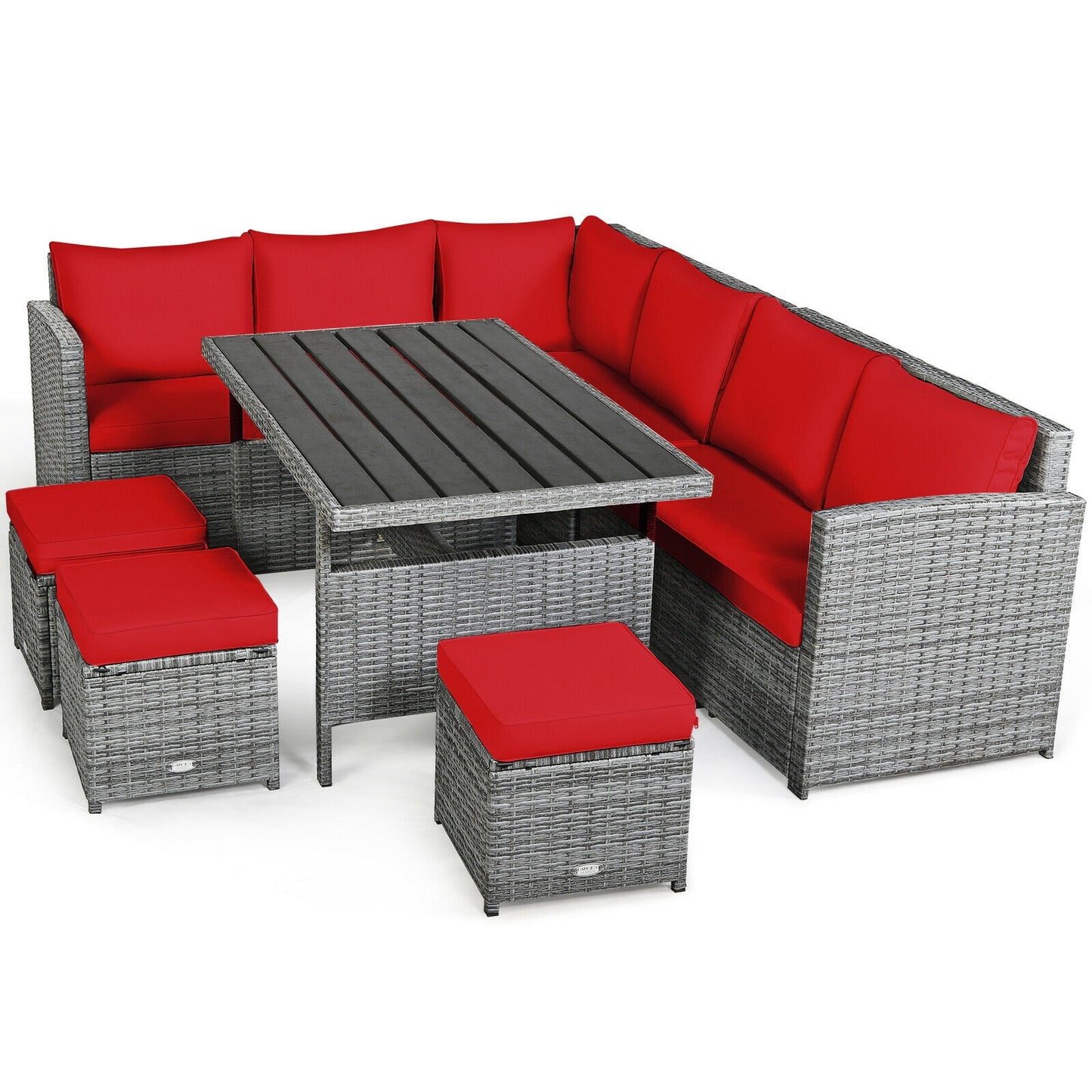 7 Pieces Patio Rattan Dining Furniture Sectional Sofa Set with Wicker Ottoman, Red Outdoor Sectionals   at Gallery Canada