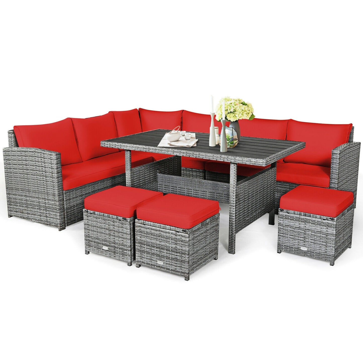 7 Pieces Patio Rattan Dining Furniture Sectional Sofa Set with Wicker Ottoman, Red Outdoor Sectionals Red  at Gallery Canada