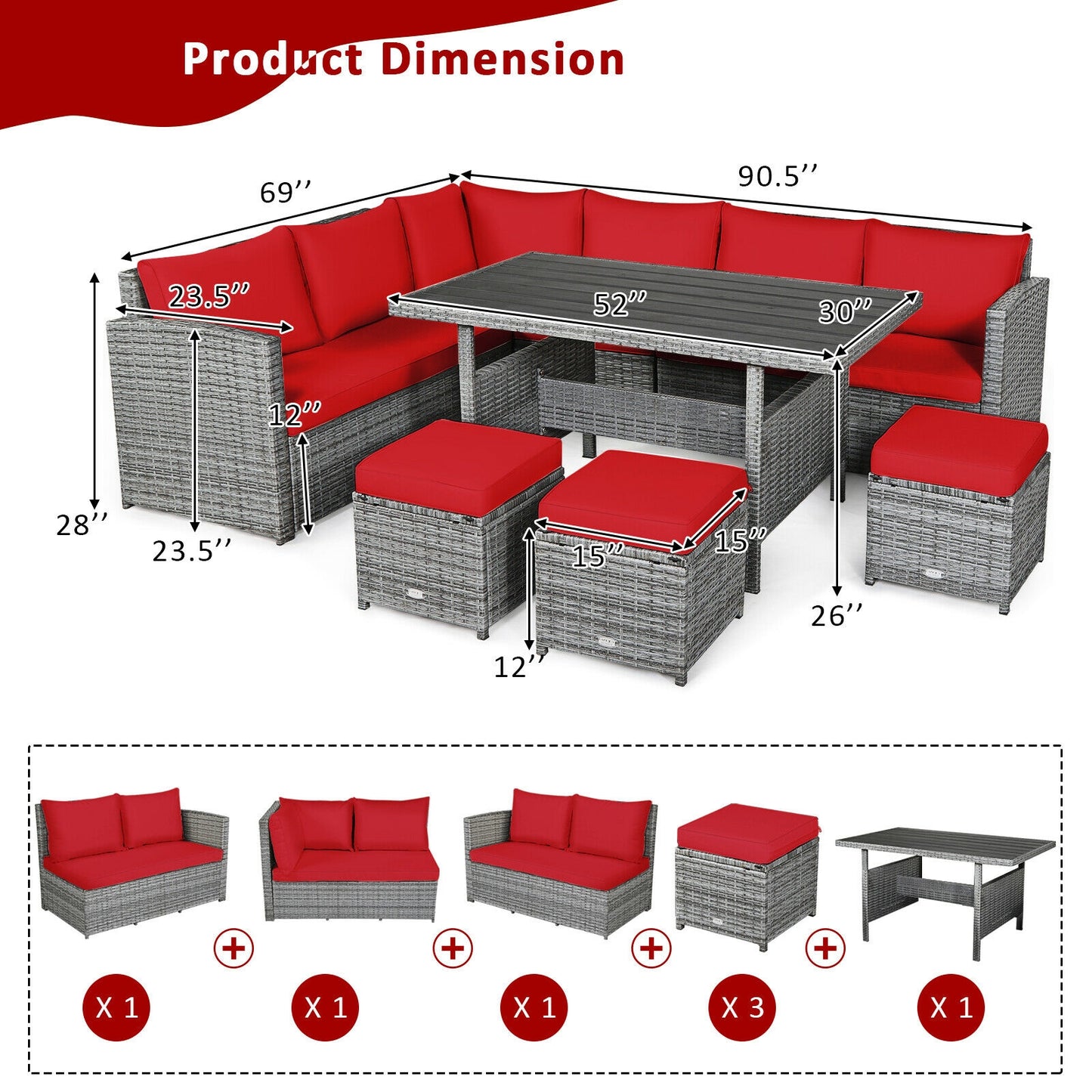 7 Pieces Patio Rattan Dining Furniture Sectional Sofa Set with Wicker Ottoman, Red Outdoor Sectionals   at Gallery Canada