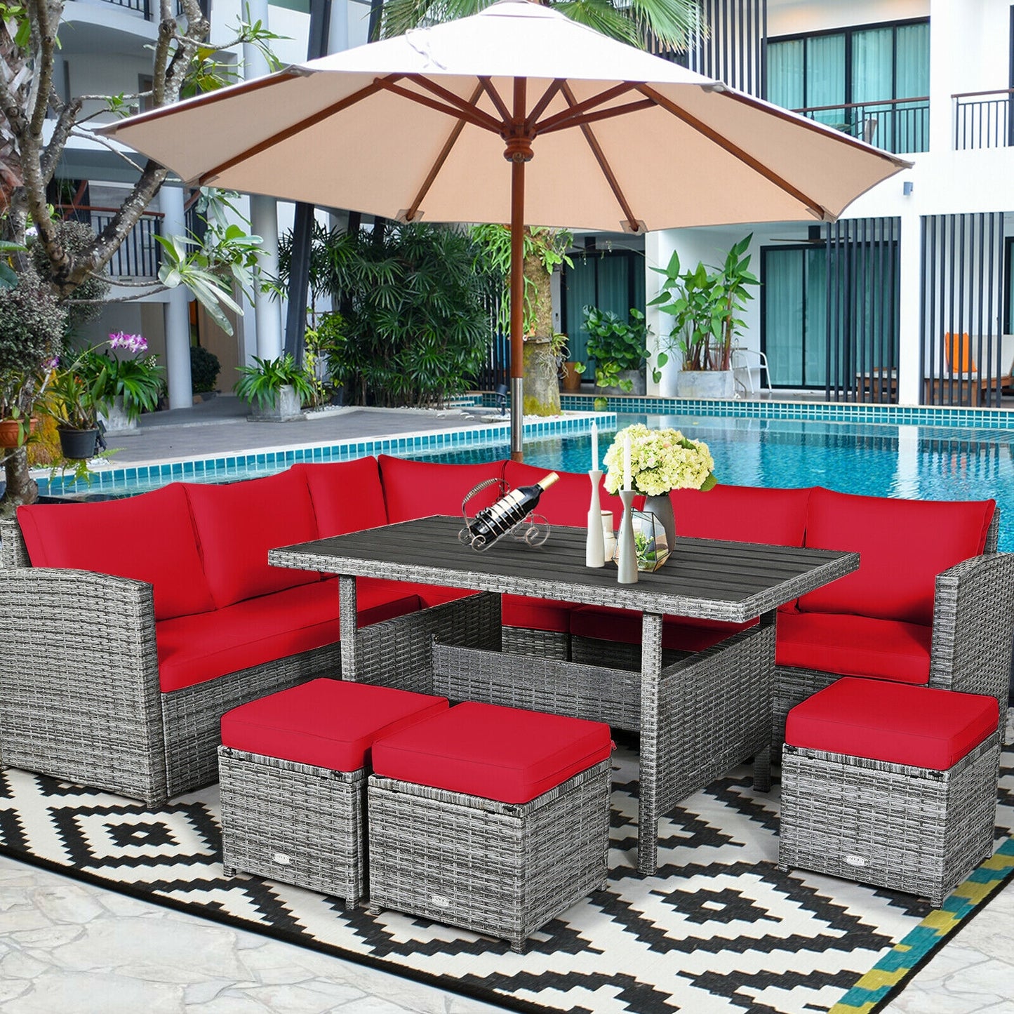 7 Pieces Patio Rattan Dining Furniture Sectional Sofa Set with Wicker Ottoman, Red Outdoor Sectionals   at Gallery Canada