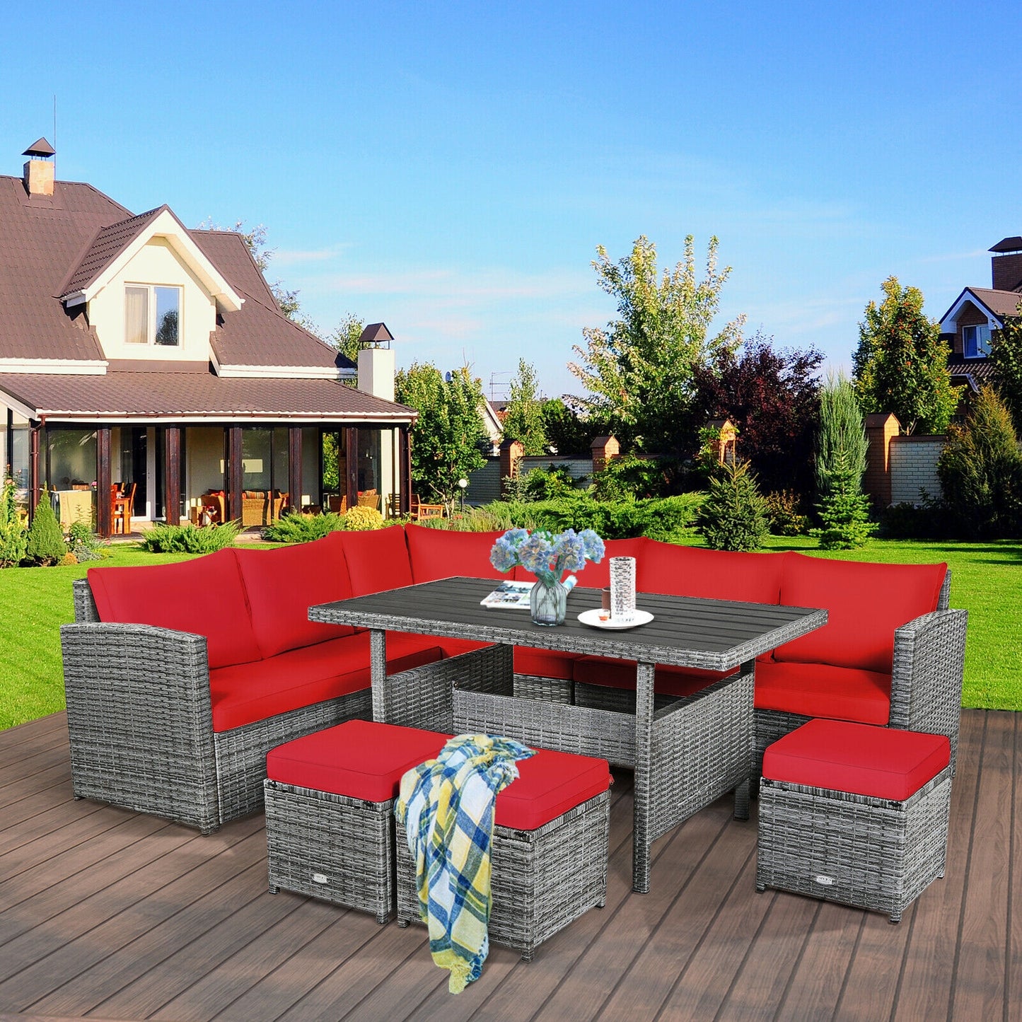 7 Pieces Patio Rattan Dining Furniture Sectional Sofa Set with Wicker Ottoman, Red Outdoor Sectionals   at Gallery Canada