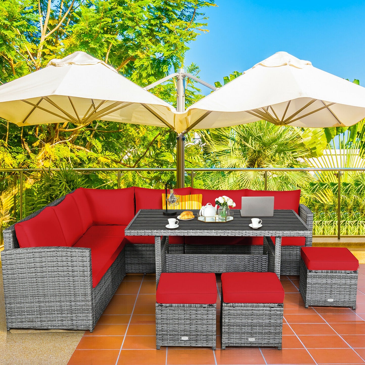 7 Pieces Patio Rattan Dining Furniture Sectional Sofa Set with Wicker Ottoman, Red Outdoor Sectionals   at Gallery Canada