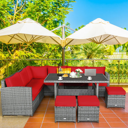 7 Pieces Patio Rattan Dining Furniture Sectional Sofa Set with Wicker Ottoman, Red Outdoor Sectionals   at Gallery Canada