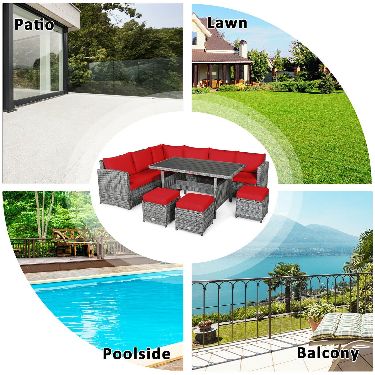 7 Pieces Patio Rattan Dining Furniture Sectional Sofa Set with Wicker Ottoman, Red Outdoor Sectionals   at Gallery Canada