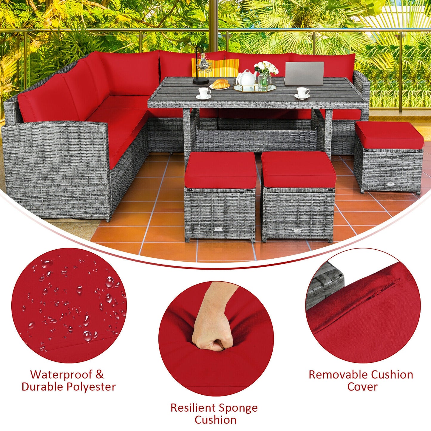 7 Pieces Patio Rattan Dining Furniture Sectional Sofa Set with Wicker Ottoman, Red Outdoor Sectionals   at Gallery Canada