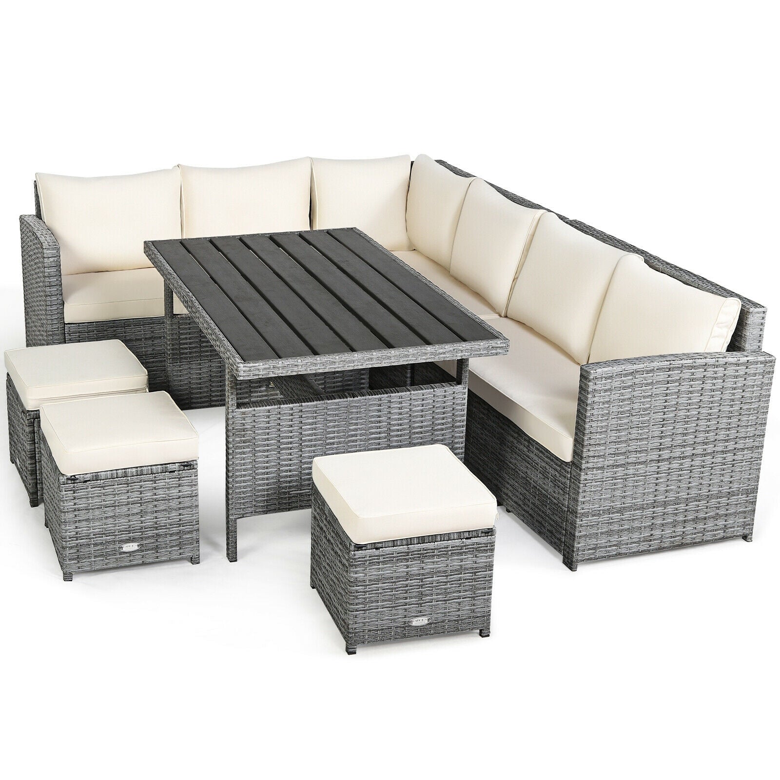 7 Pcs All-Weather Patio Rattan Dining Furniture Sectional Sofa Set with Wicker Ottoman and Cushed Couch, Beige Outdoor Sectionals   at Gallery Canada