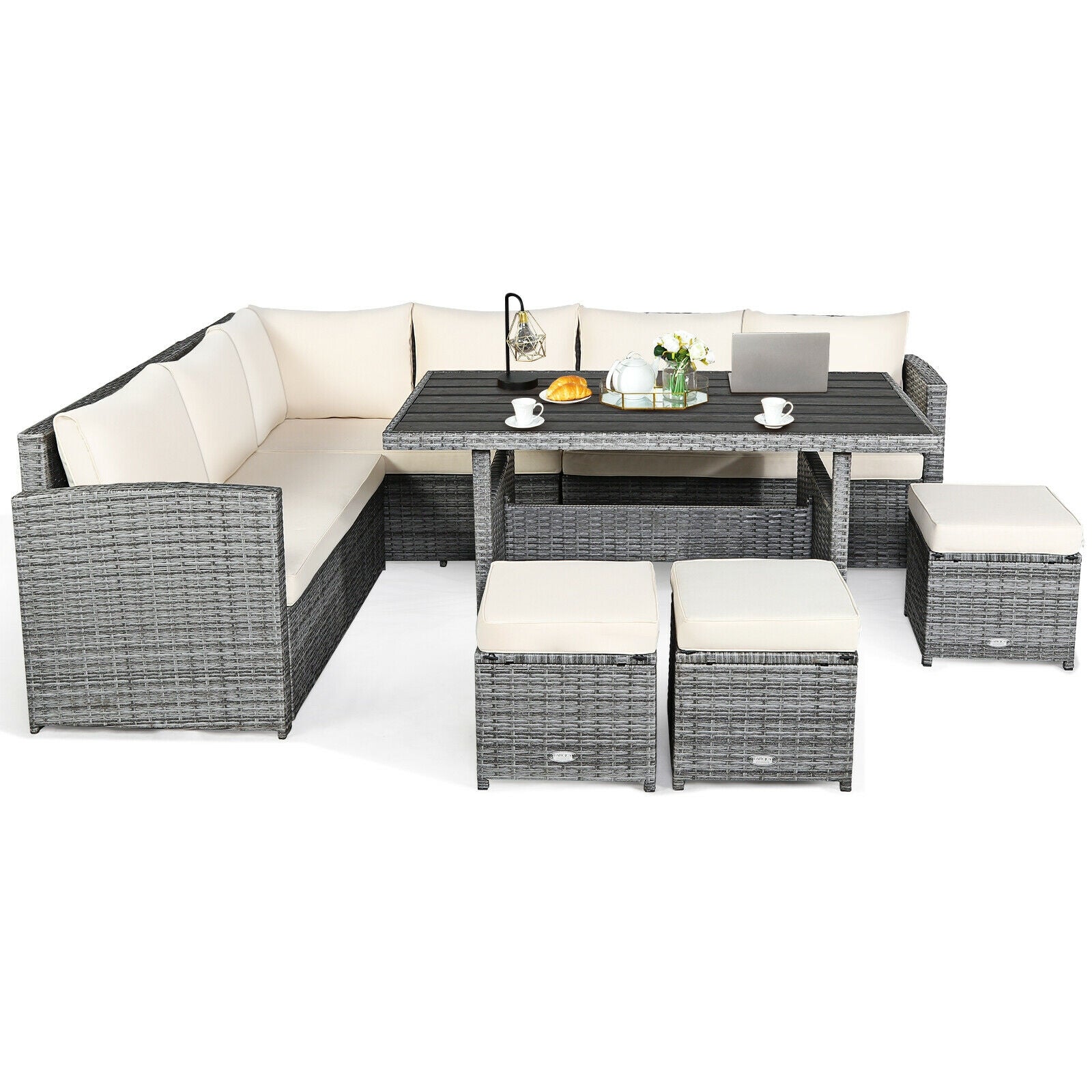 7 Pcs All-Weather Patio Rattan Dining Furniture Sectional Sofa Set with Wicker Ottoman and Cushed Couch, Beige Outdoor Sectionals   at Gallery Canada