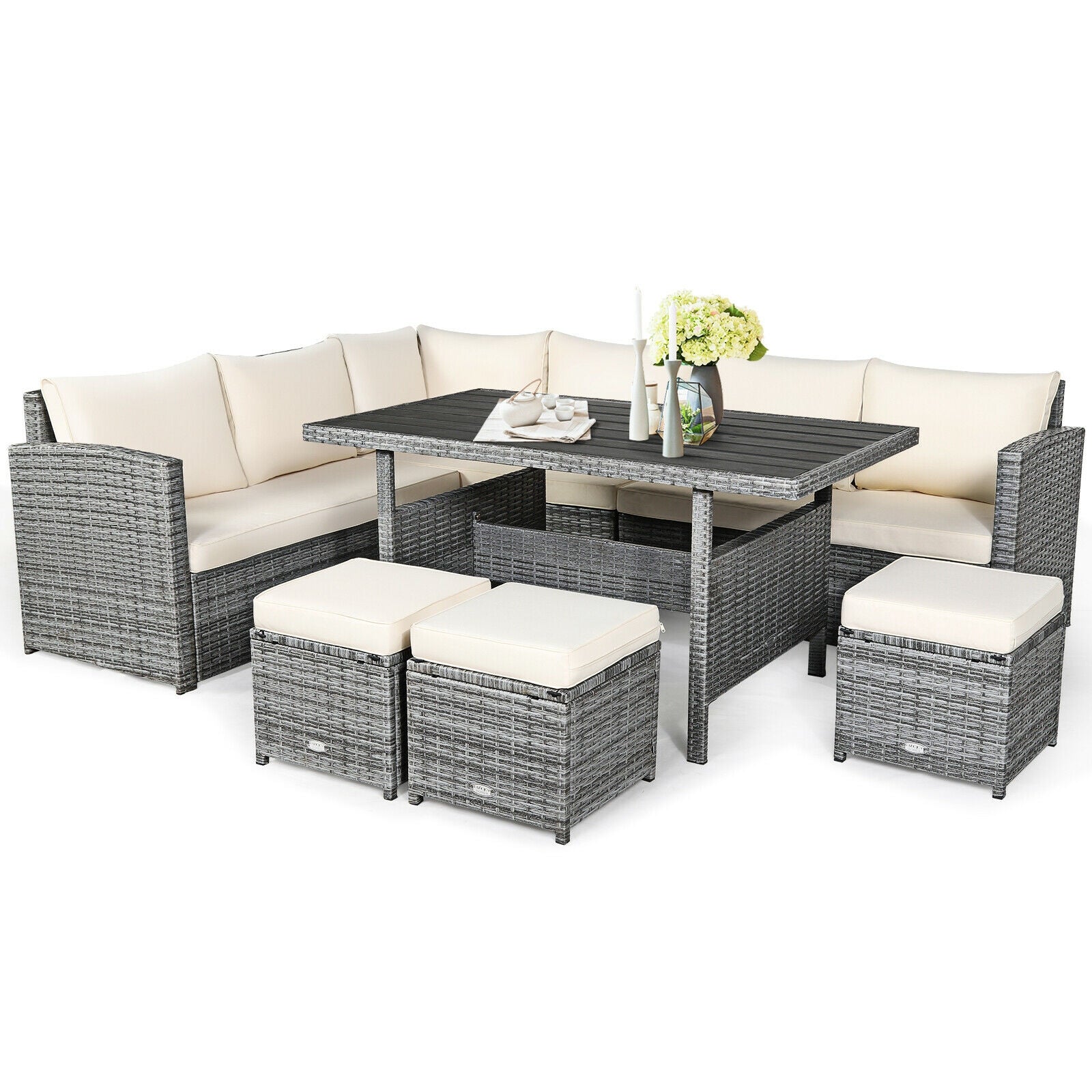 7 Pcs All-Weather Patio Rattan Dining Furniture Sectional Sofa Set with Wicker Ottoman and Cushed Couch, Beige Outdoor Sectionals Beige  at Gallery Canada