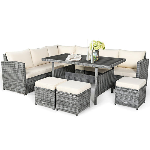 7 Pcs All-Weather Patio Rattan Dining Furniture Sectional Sofa Set with Wicker Ottoman and Cushed Couch, Beige