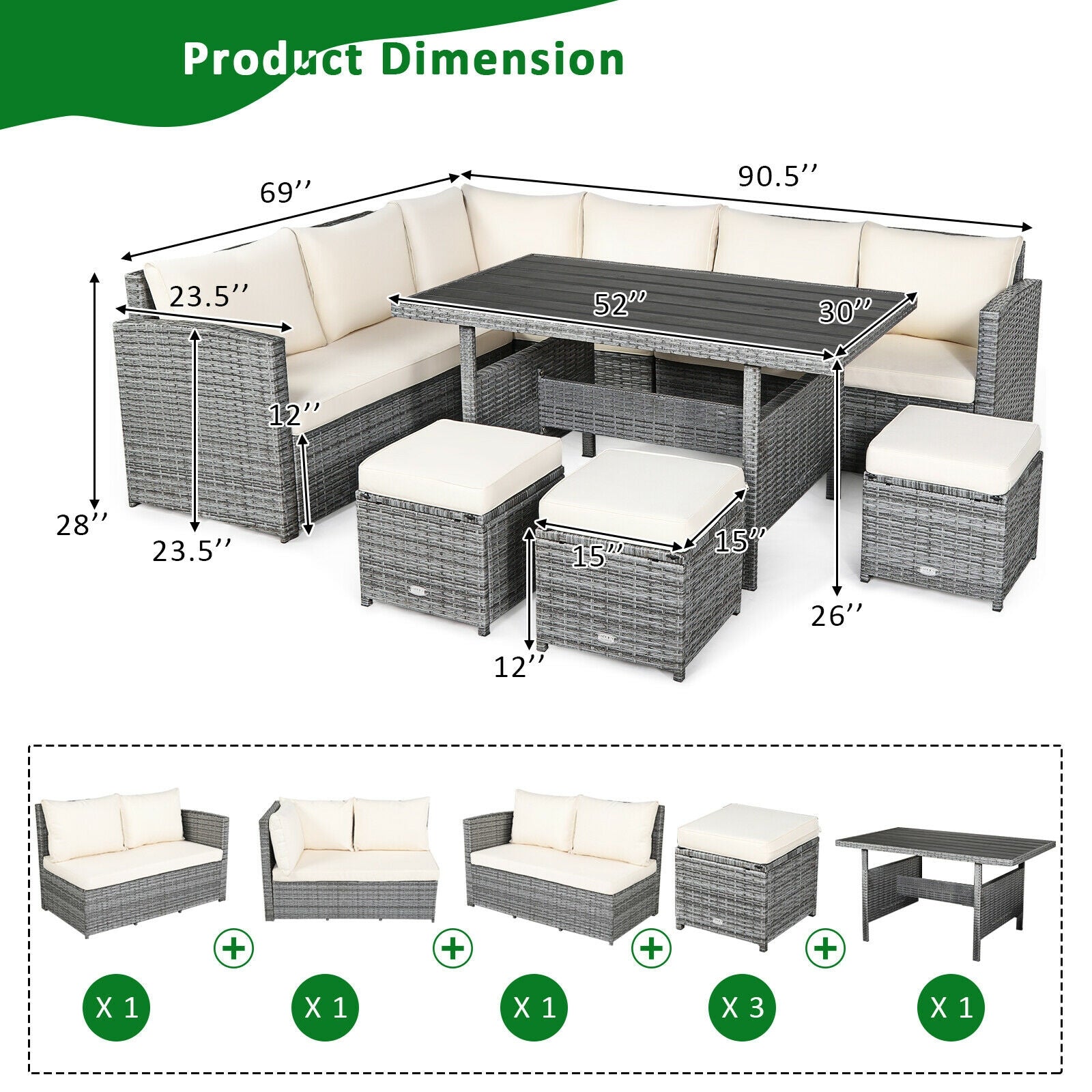 7 Pcs All-Weather Patio Rattan Dining Furniture Sectional Sofa Set with Wicker Ottoman and Cushed Couch, Beige Outdoor Sectionals   at Gallery Canada