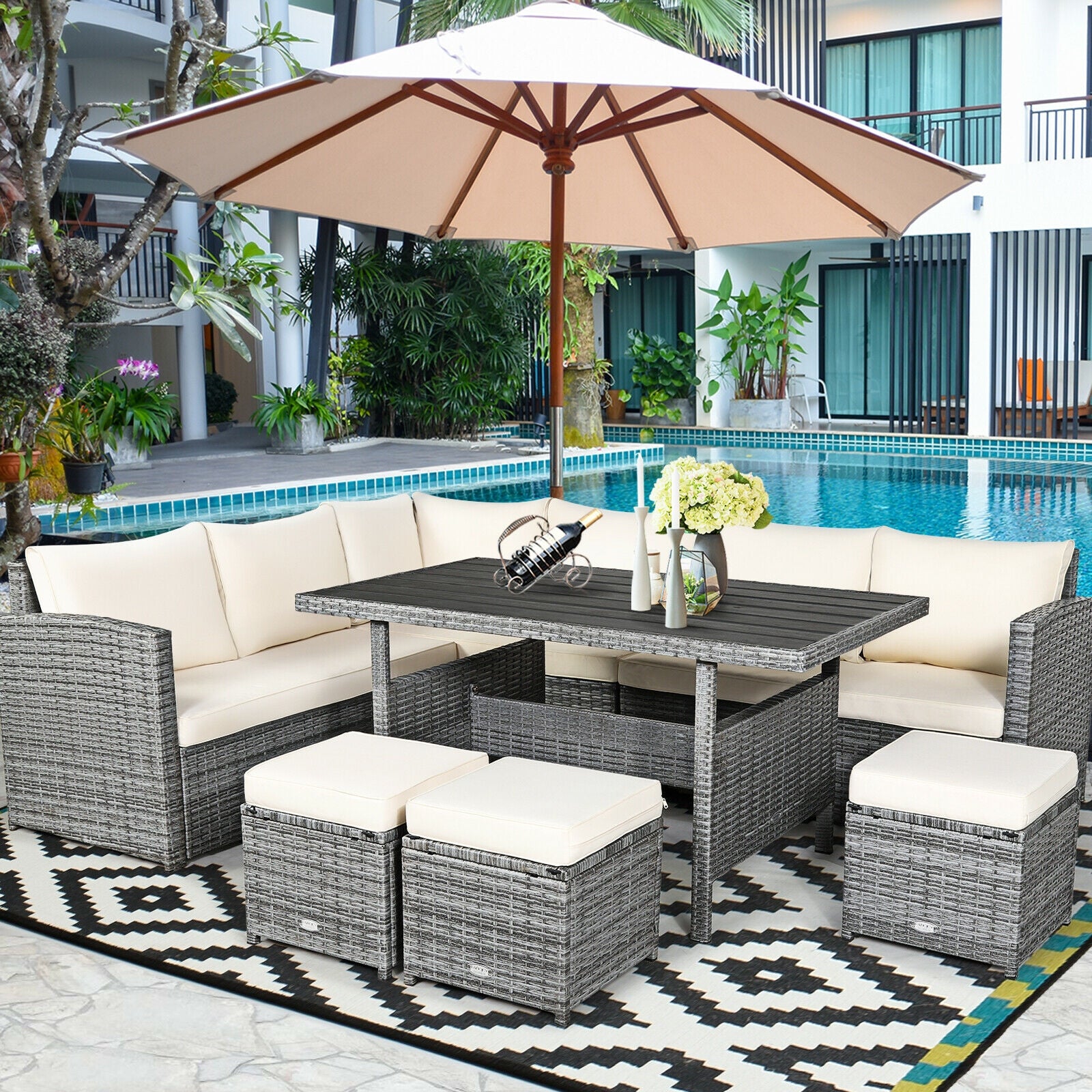 7 Pcs All-Weather Patio Rattan Dining Furniture Sectional Sofa Set with Wicker Ottoman and Cushed Couch, Beige Outdoor Sectionals   at Gallery Canada