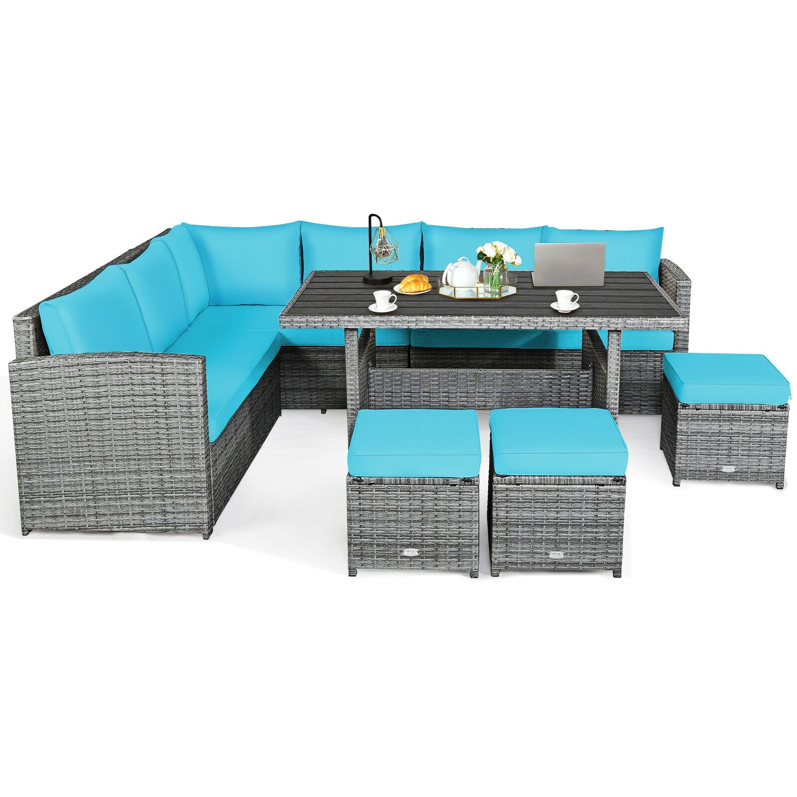 7 Pieces Patio Rattan Dining Furniture Sectional Sofa Set with Wicker Ottoman, Turquoise Outdoor Sectionals   at Gallery Canada