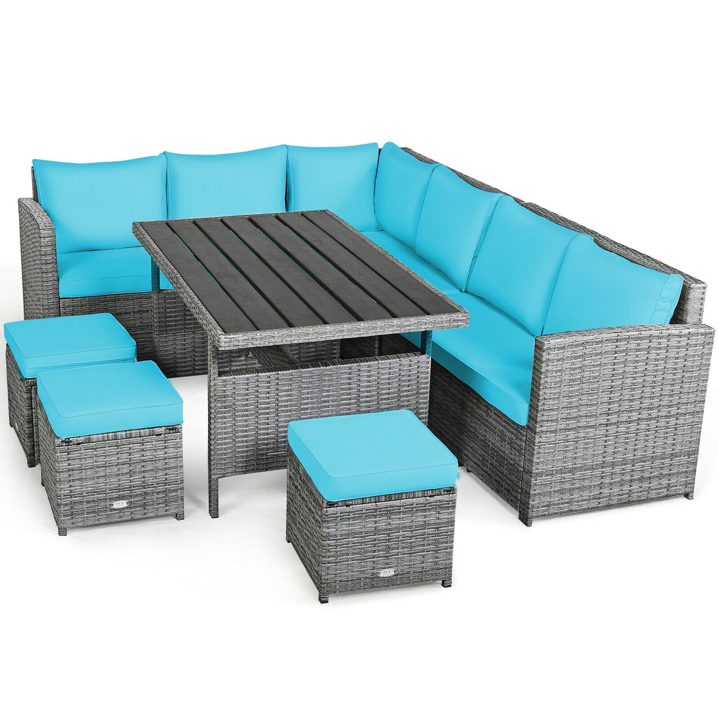 7 Pieces Patio Rattan Dining Furniture Sectional Sofa Set with Wicker Ottoman, Turquoise Outdoor Sectionals   at Gallery Canada