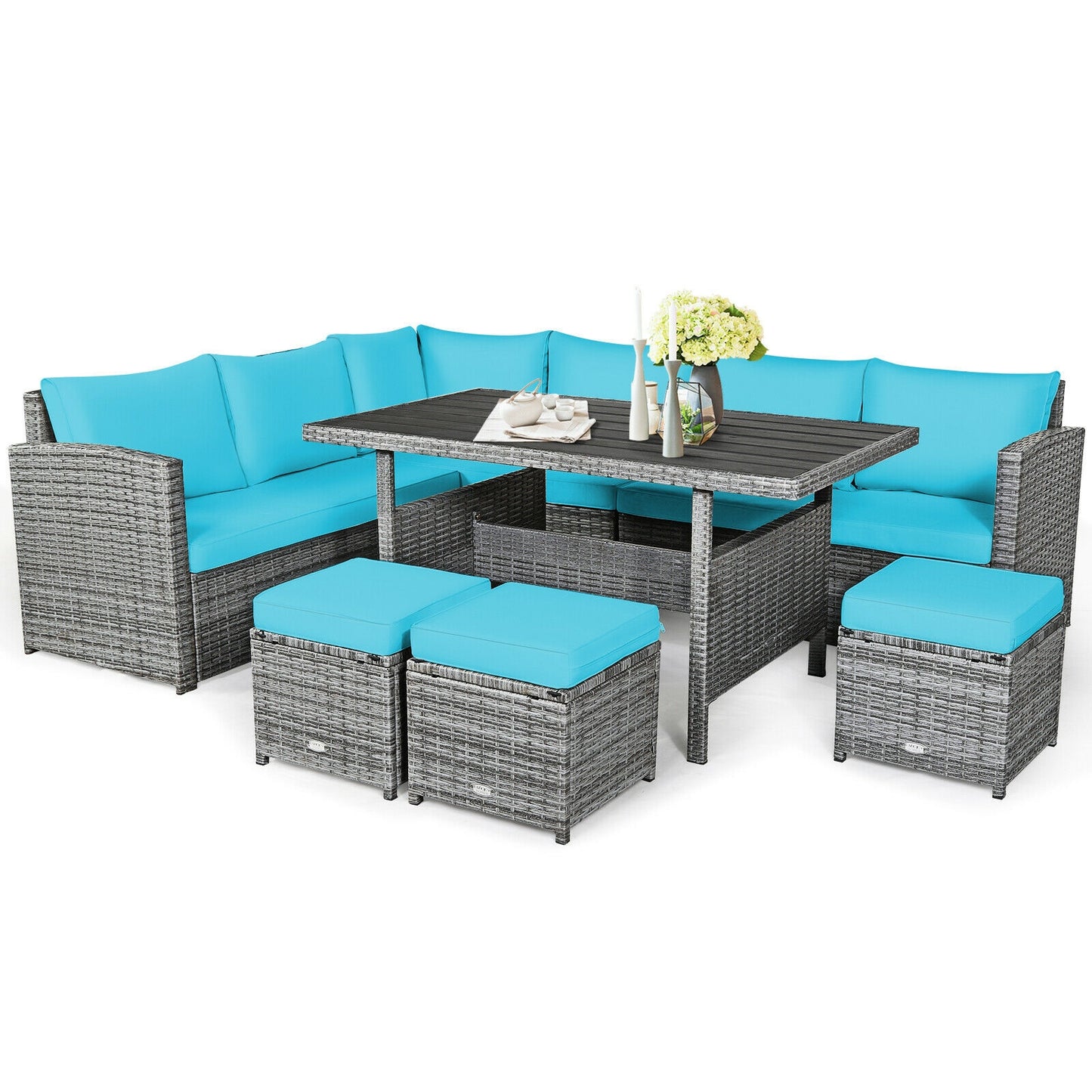 7 Pieces Patio Rattan Dining Furniture Sectional Sofa Set with Wicker Ottoman, Turquoise Outdoor Sectionals Turquoise  at Gallery Canada