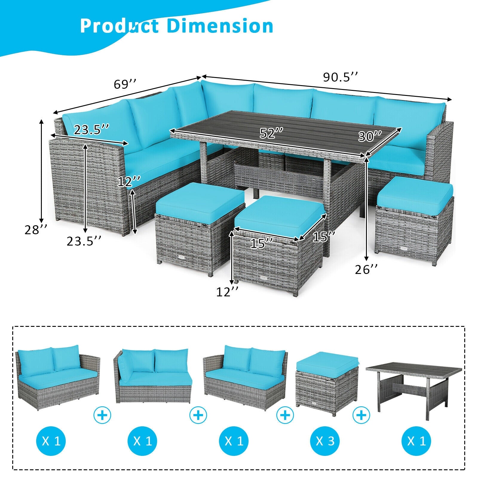 7 Pieces Patio Rattan Dining Furniture Sectional Sofa Set with Wicker Ottoman, Turquoise Outdoor Sectionals   at Gallery Canada