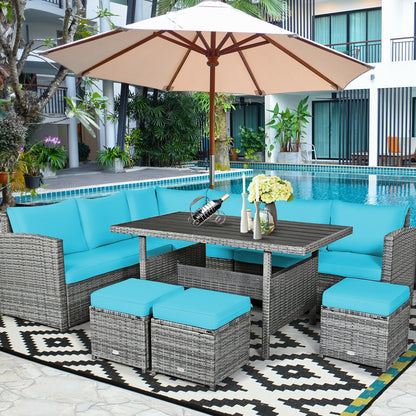 7 Pieces Patio Rattan Dining Furniture Sectional Sofa Set with Wicker Ottoman, Turquoise Outdoor Sectionals   at Gallery Canada