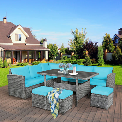 7 Pieces Patio Rattan Dining Furniture Sectional Sofa Set with Wicker Ottoman, Turquoise Outdoor Sectionals   at Gallery Canada