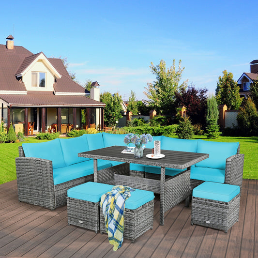 7 Pieces Patio Rattan Dining Furniture Sectional Sofa Set with Wicker Ottoman, Turquoise - Gallery Canada