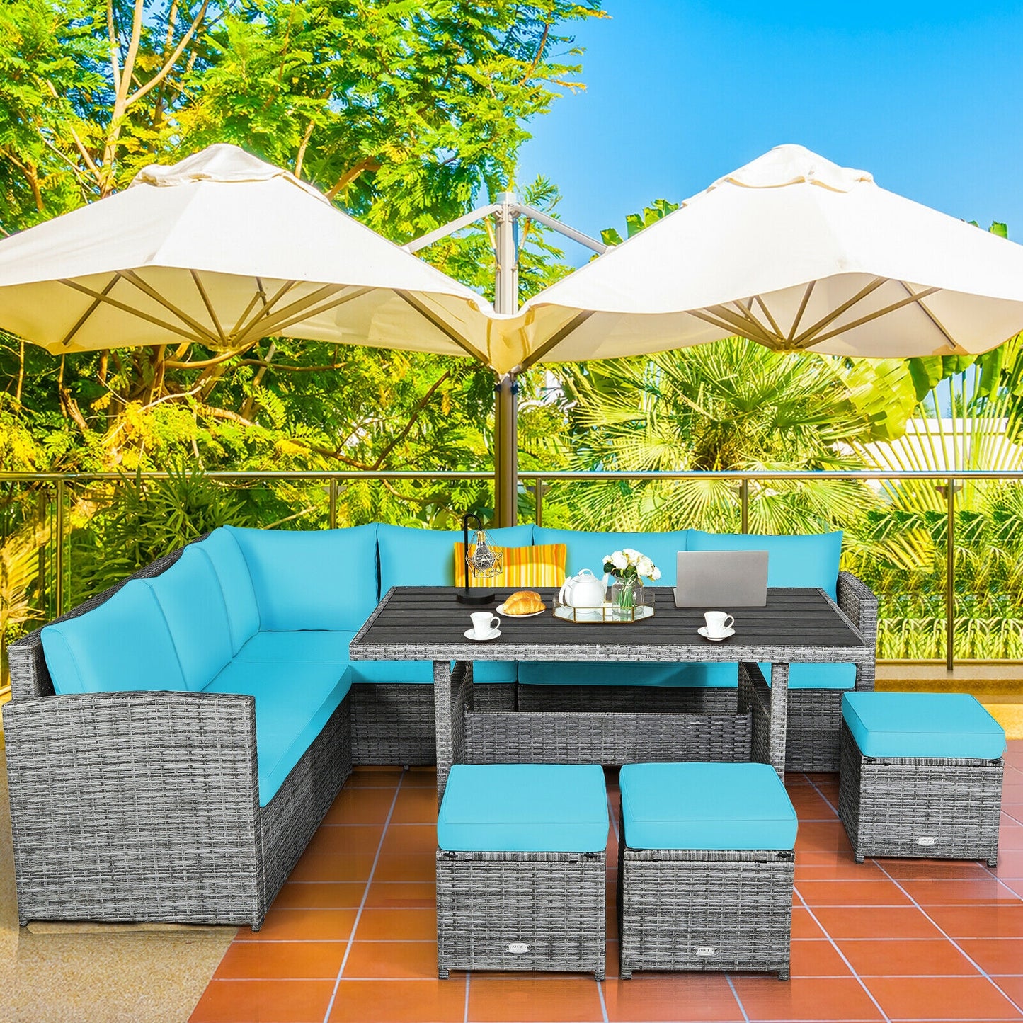 7 Pieces Patio Rattan Dining Furniture Sectional Sofa Set with Wicker Ottoman, Turquoise Outdoor Sectionals   at Gallery Canada