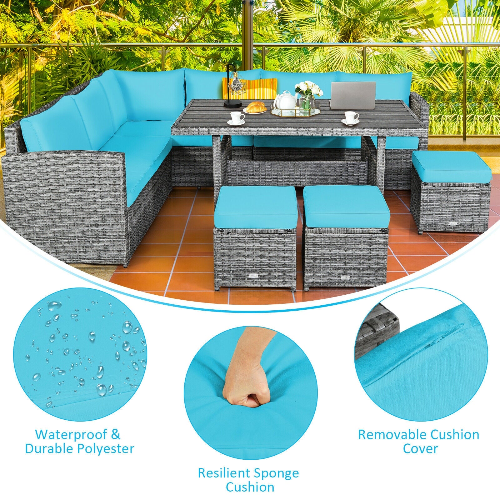 7 Pieces Patio Rattan Dining Furniture Sectional Sofa Set with Wicker Ottoman, Turquoise Outdoor Sectionals   at Gallery Canada