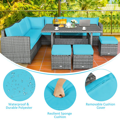 7 Pieces Patio Rattan Dining Furniture Sectional Sofa Set with Wicker Ottoman, Turquoise Outdoor Sectionals   at Gallery Canada