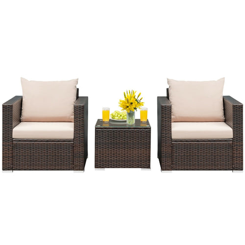 3 Pcs Patio Conversation Rattan Furniture Set with Cushion, Beige