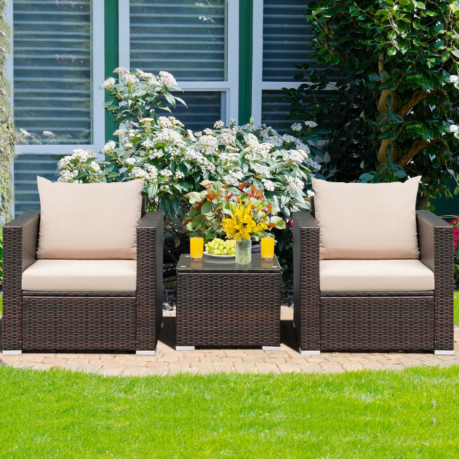 3 Pcs Patio Conversation Rattan Furniture Set with Cushion, Beige Patio Conversation Sets   at Gallery Canada